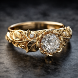 Anel dourado elegante em forma de folha com zircónias brilhantes