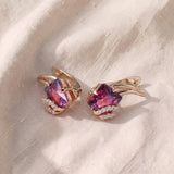 Brincos quadrados cor de carmesim com cristais brilhantes | Elegante ouro rosa