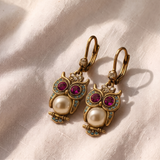 Brincos vintage elegantes em forma de coruja, com cristais e pérola