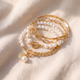 Conjunto elegante de 4 pulseiras douradas – corrente cobra, pérolas e elos | Joalharia dourada