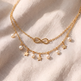 Pulseira para o tornozelo com símbolo do infinito, pérolas e estrelas | Elegância dourada