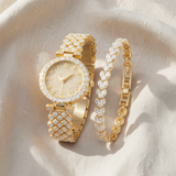 Conjunto dourado de luxo com relógio e pulseira elegantes